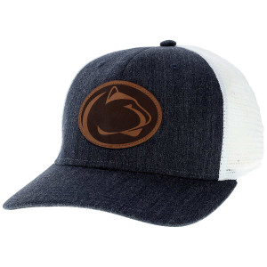 trucker hat melange navy with white back and leather patch of Penn State Athletic Logo